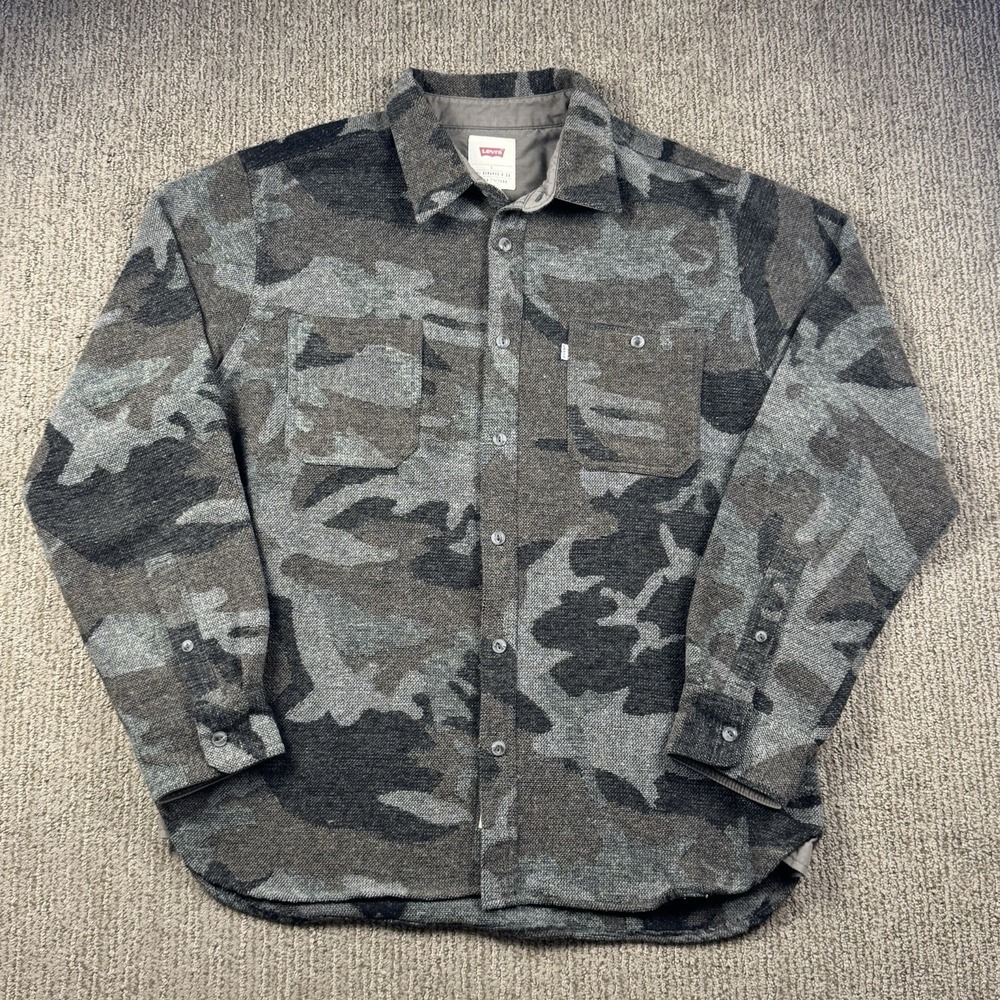 Levis Mens L Button Up Shirt Jacket Shacket Military Utility Wool Blend Camo